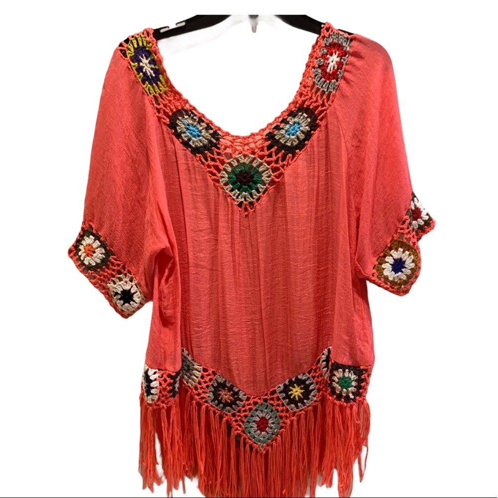 Asha Mexican Boho Fringed Crochet Trim Top Sz L
